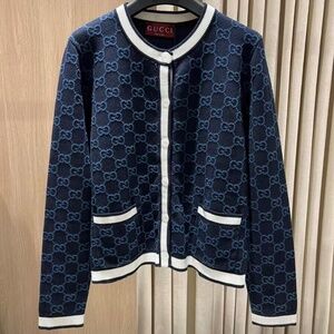 Gucci GG Logo Monogram Striped Jacquard Knit Cotton Cardigan in Navy Medium